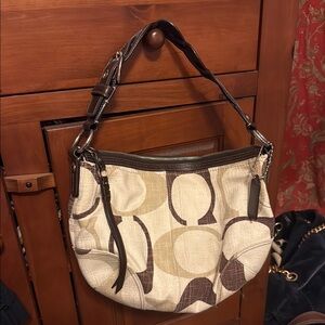Coach Cream and Brown Signature Shoulder Bag